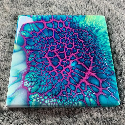 Bloom Pour Coasters (Blue Gradients and Gold with Pink Lacing)